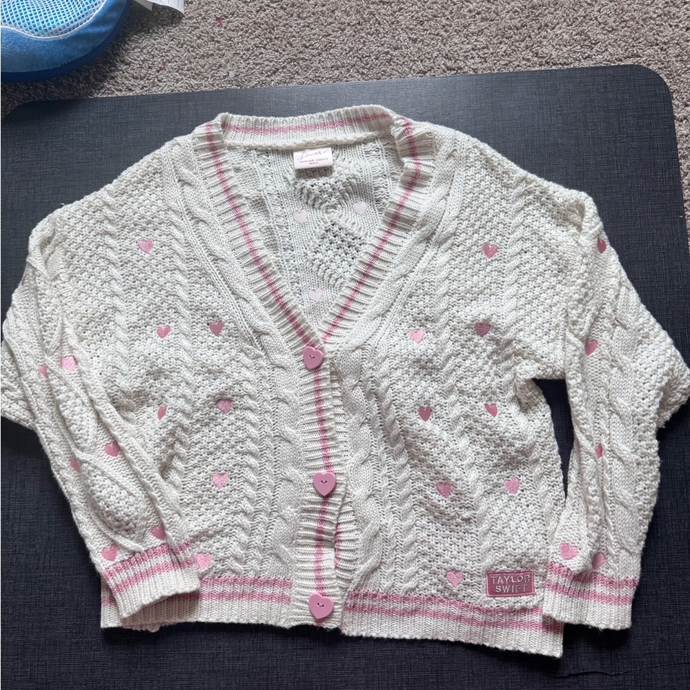 Taylor Swift lover Cardigan with Pink Heart Buttons & Trim